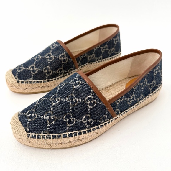 GUCCIBlue Denim GG Canvas Espadrille Flats Leather Trim EU 39